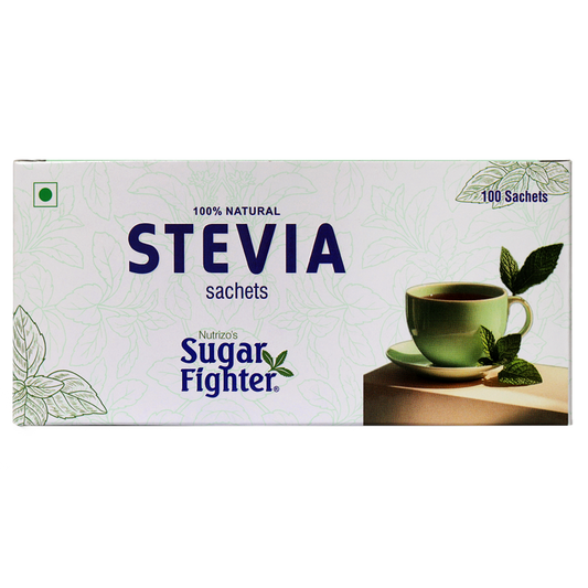 Box of Nutrizio Sugar Fighter Stevia sachets with a cup of tea on a white background