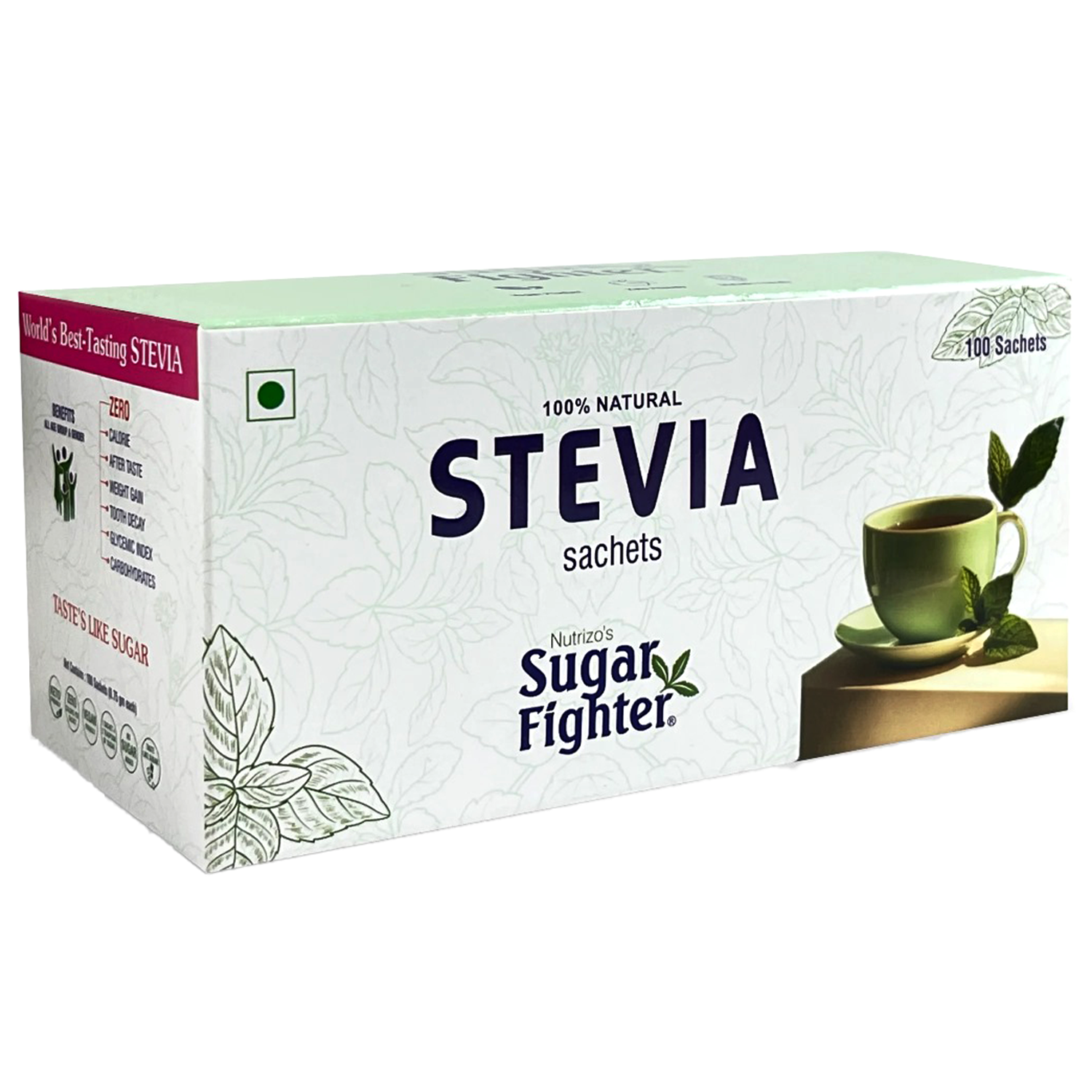 Box of Sugar Fighter Stevia sachets on a white background