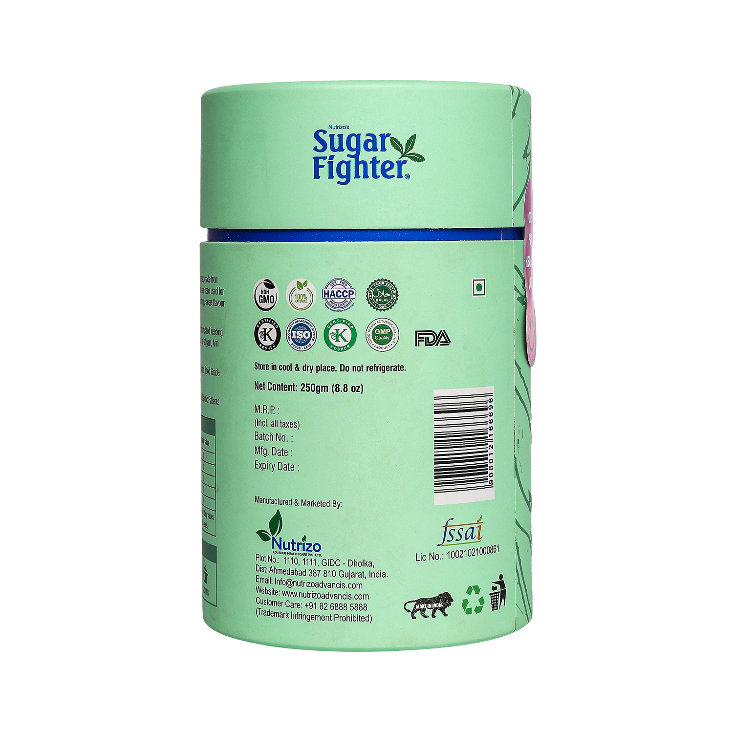 Green container of Sugar Fighter with branding and certification logos on a white background