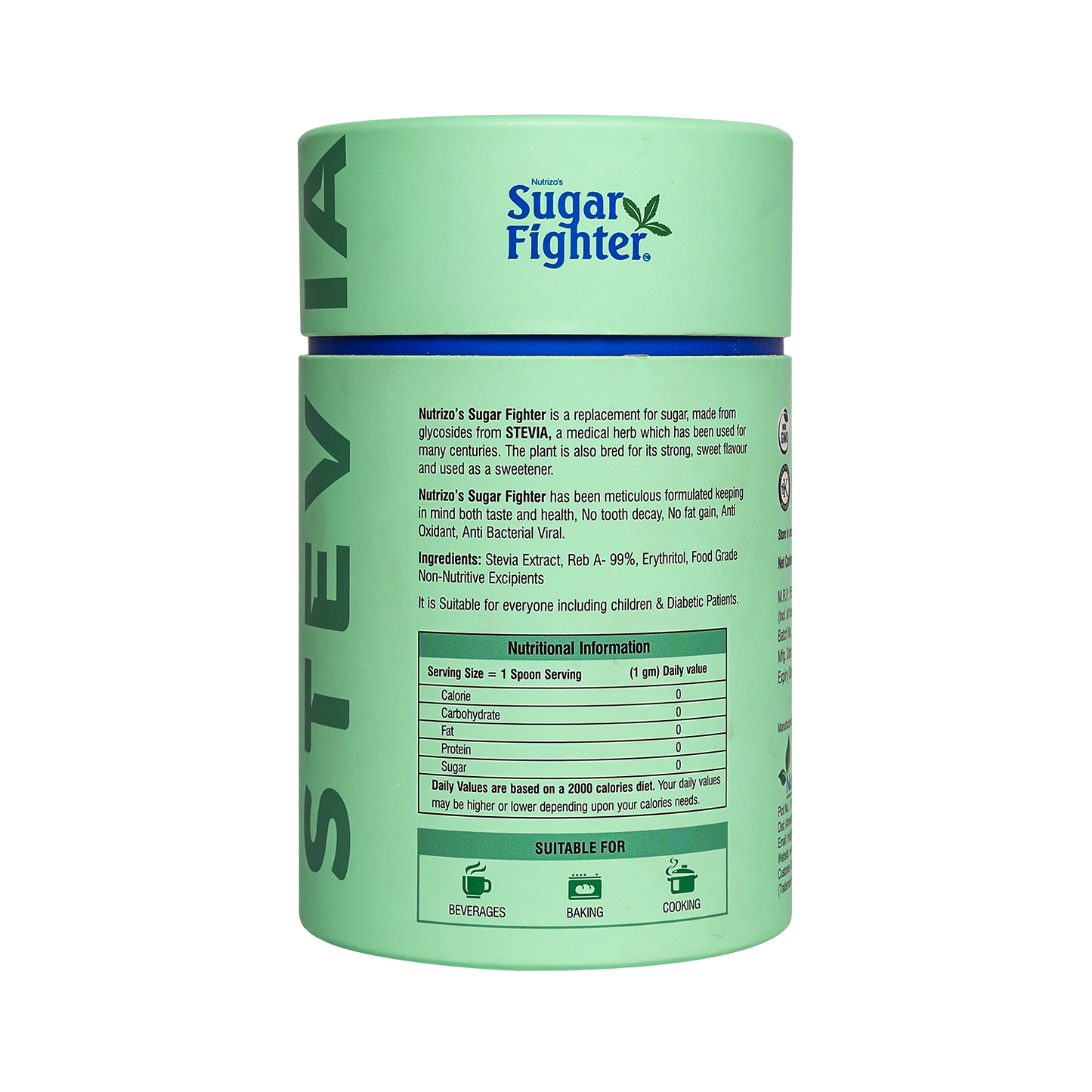 container of nutra's sugar fighter stevia on a white background