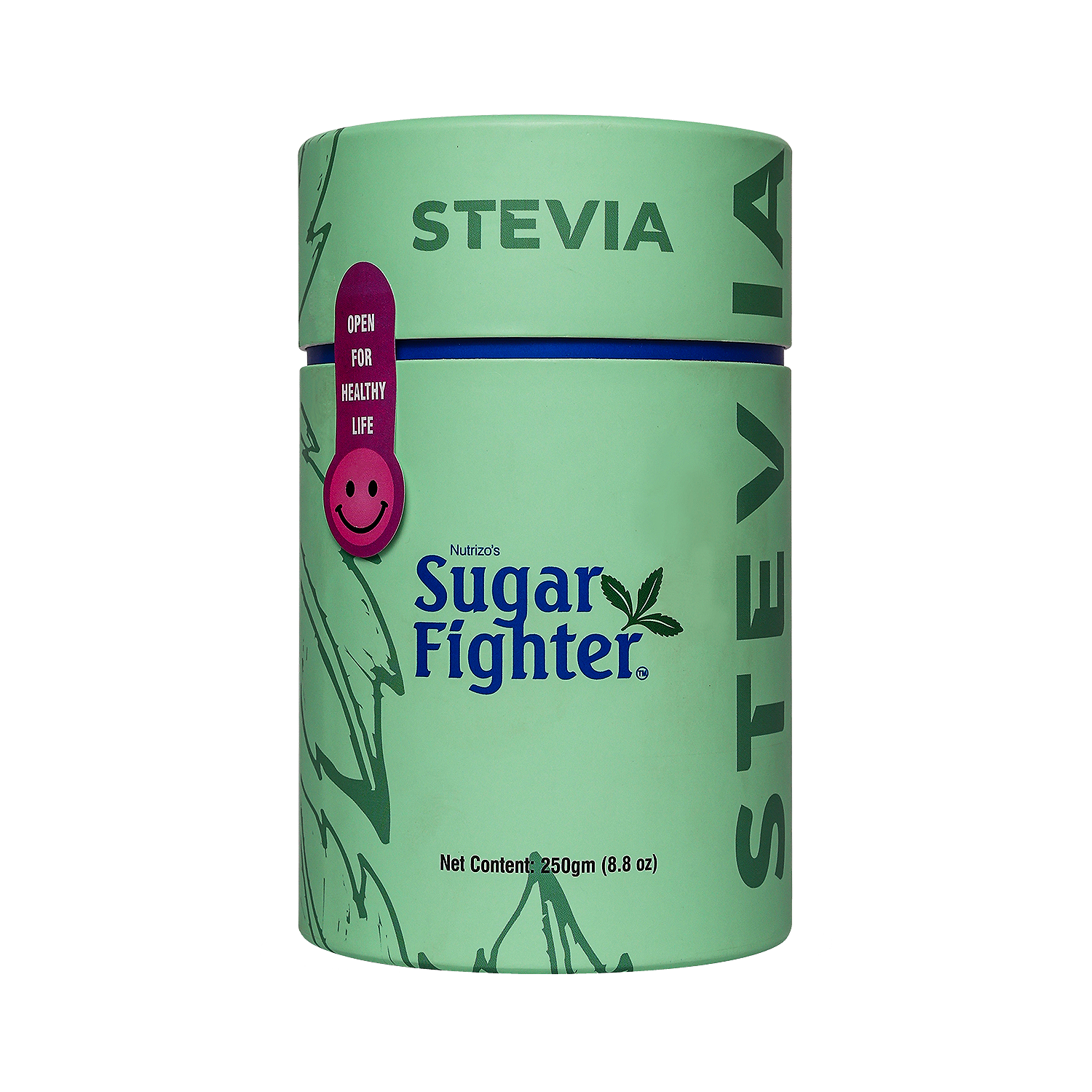 Green container of Sugar Fighter Stevia on a white background