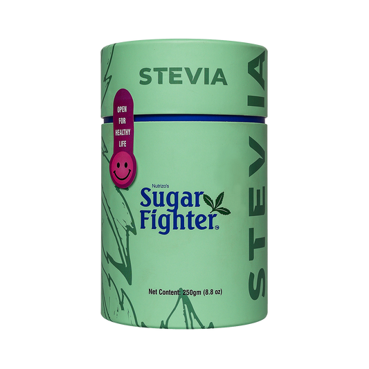 Green container of Sugar Fighter Stevia on a white background