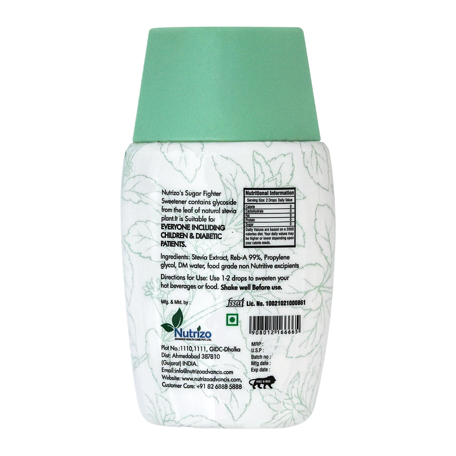 Back view of a Nutrizo product container with green cap on a white background