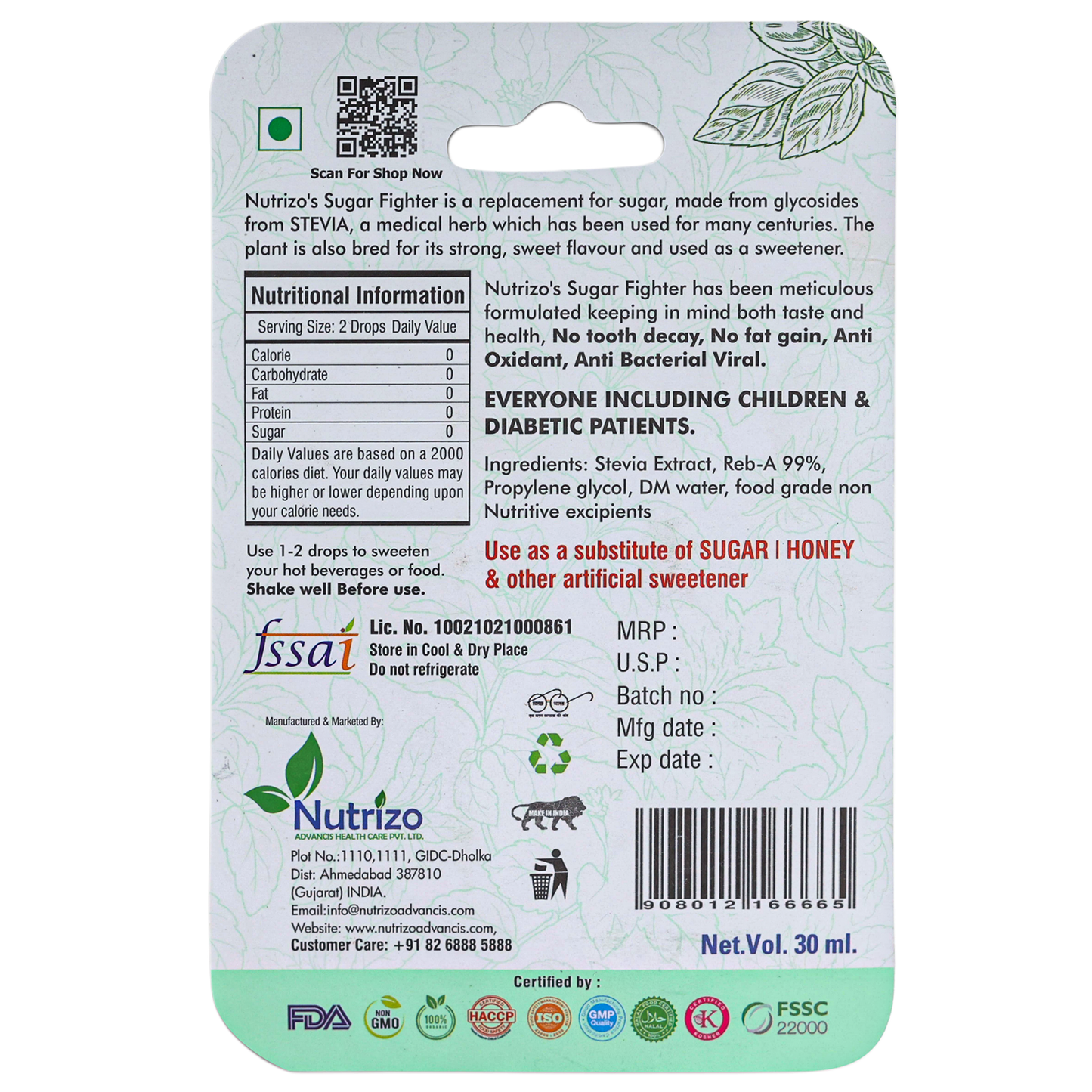 Back label of Nutrizo's Sugar Fighter packaging with nutritional information and branding details.