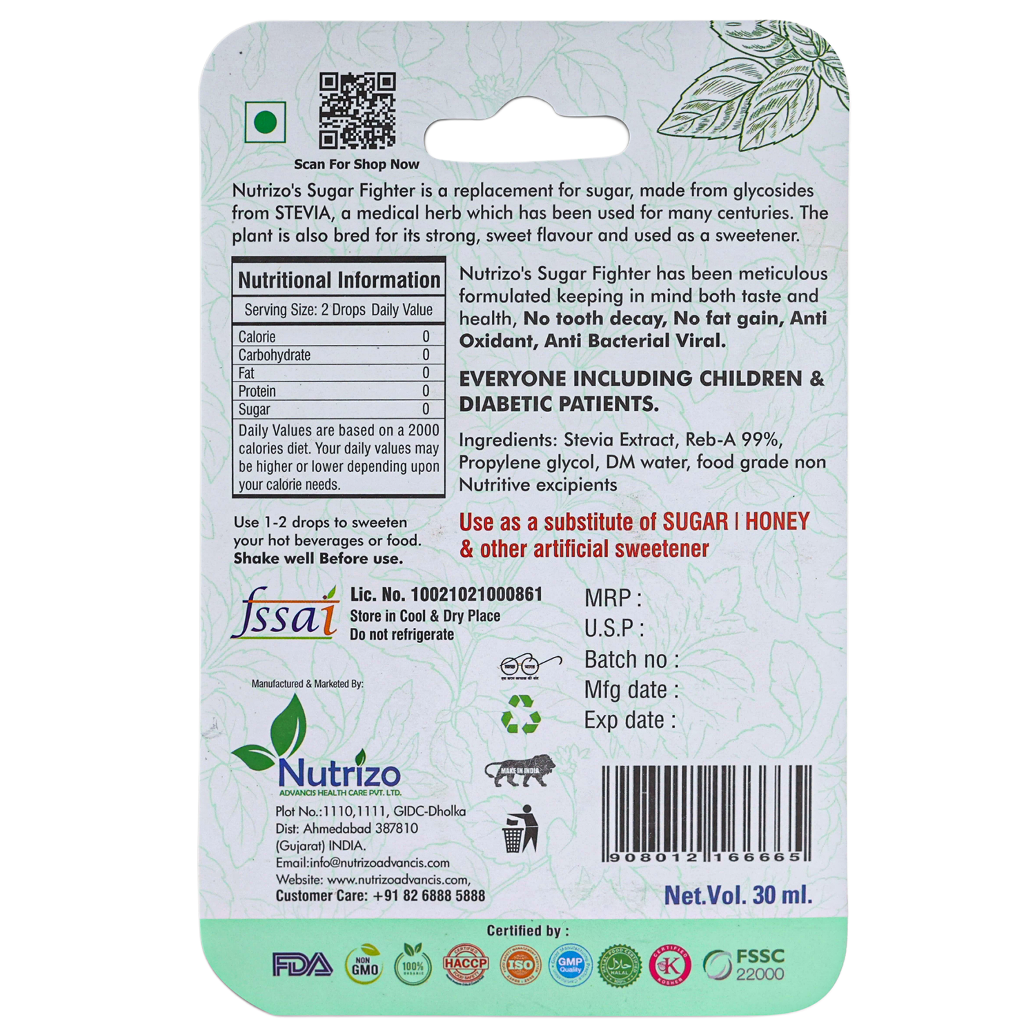 Back label of Nutrizo's Sugar Fighter packaging with nutritional information and branding details.