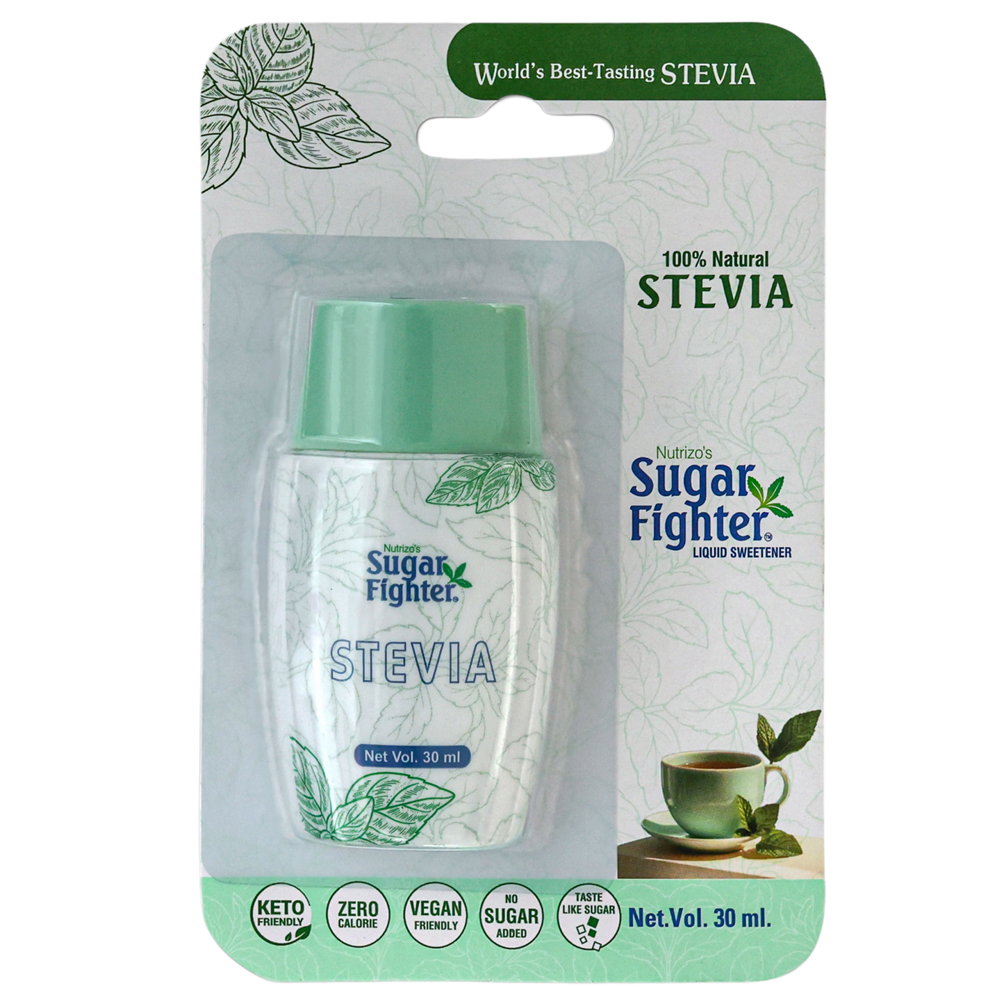 Sugar Fighter Stevia liquid sweetener packaging on a white background