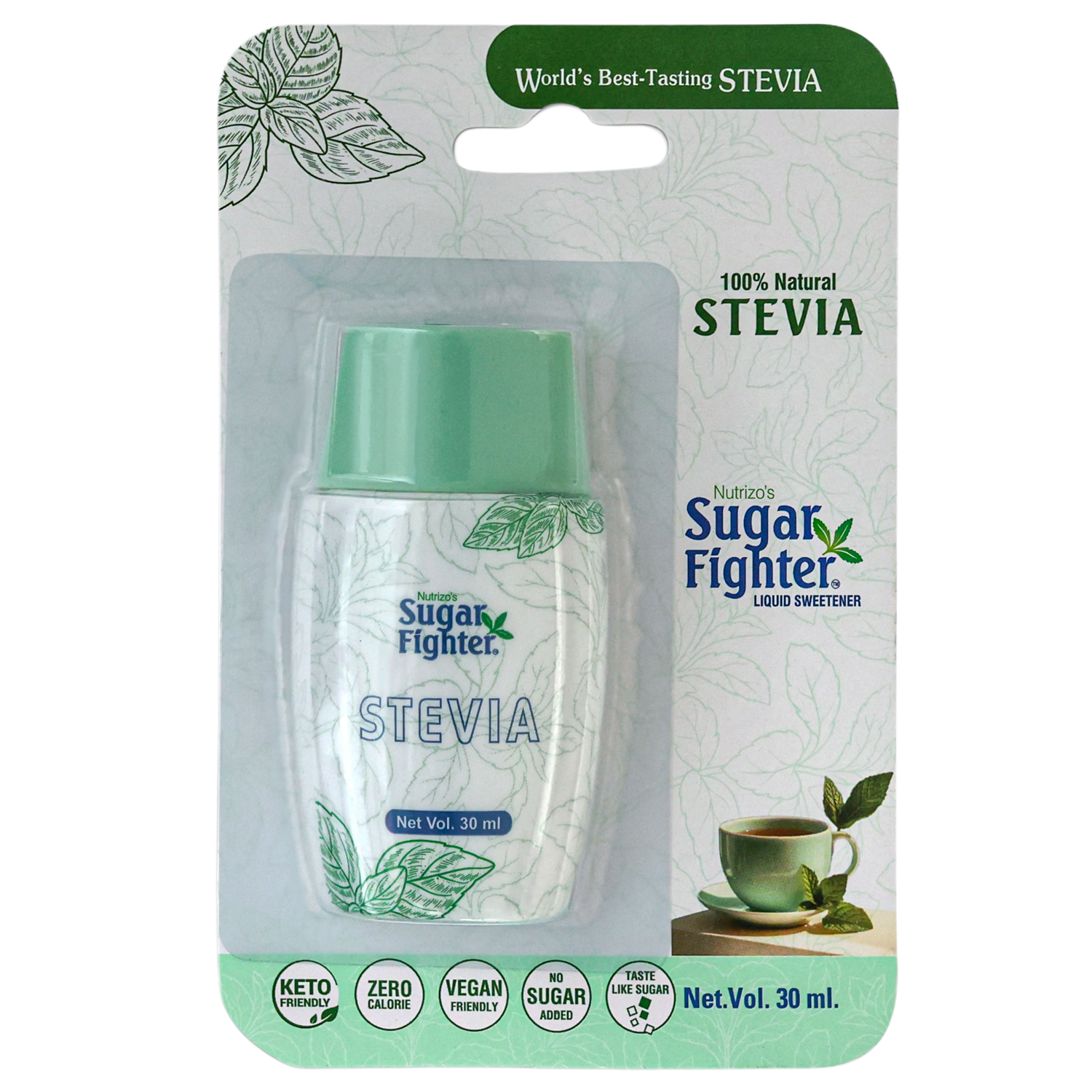 Sugar Fighter Stevia liquid sweetener packaging on a white background