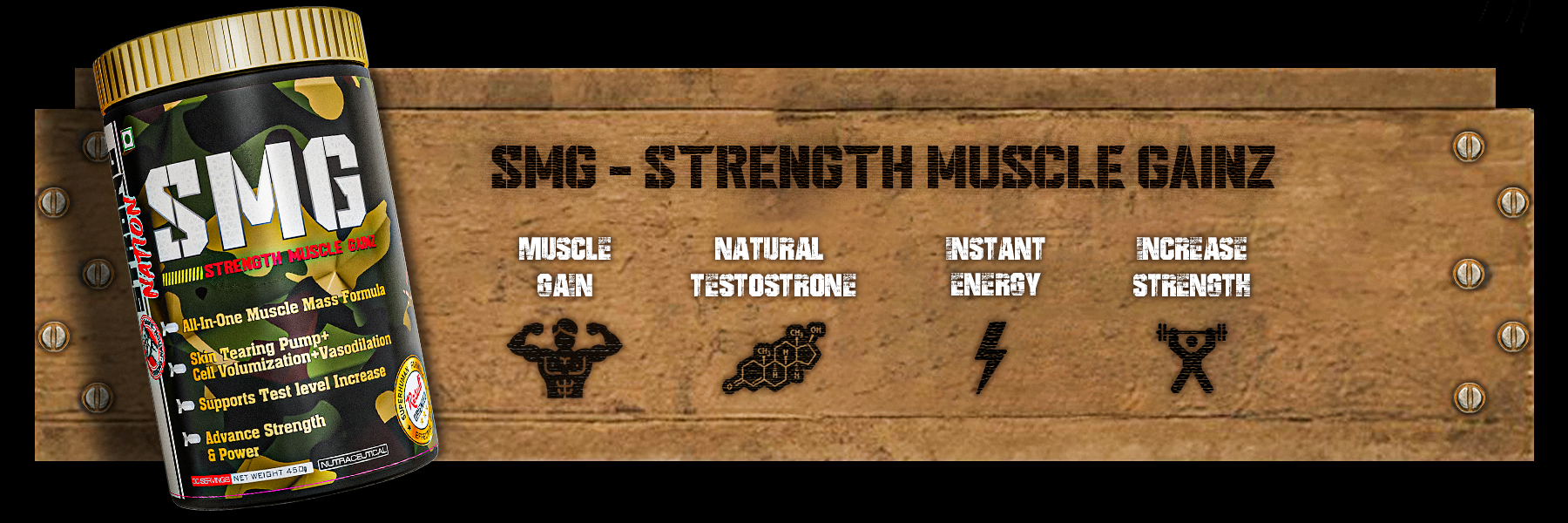 Supplement bottle labeled 'SMG Strength Muscle Gainz' with wooden background and text highlighting benefits.