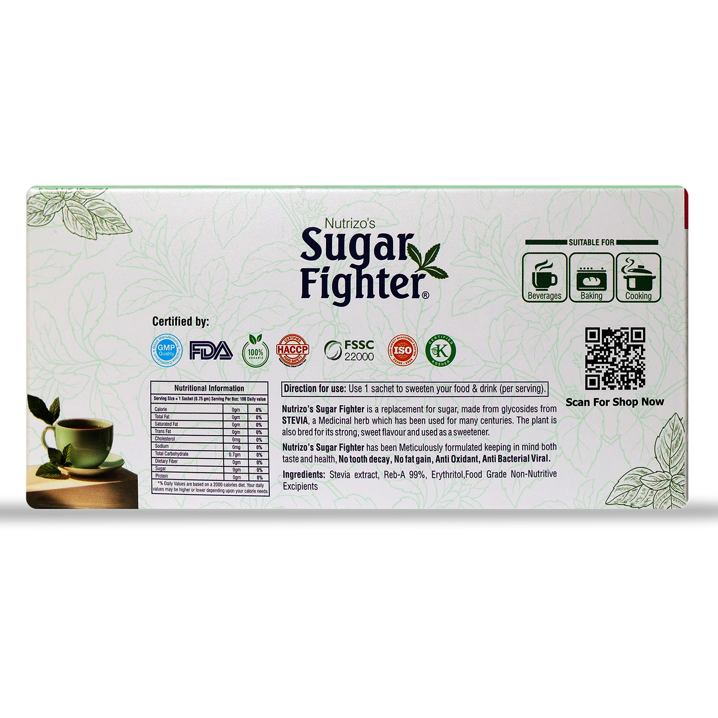 Box of Nutrizo's Sugar Fighter with certification logos on a white background