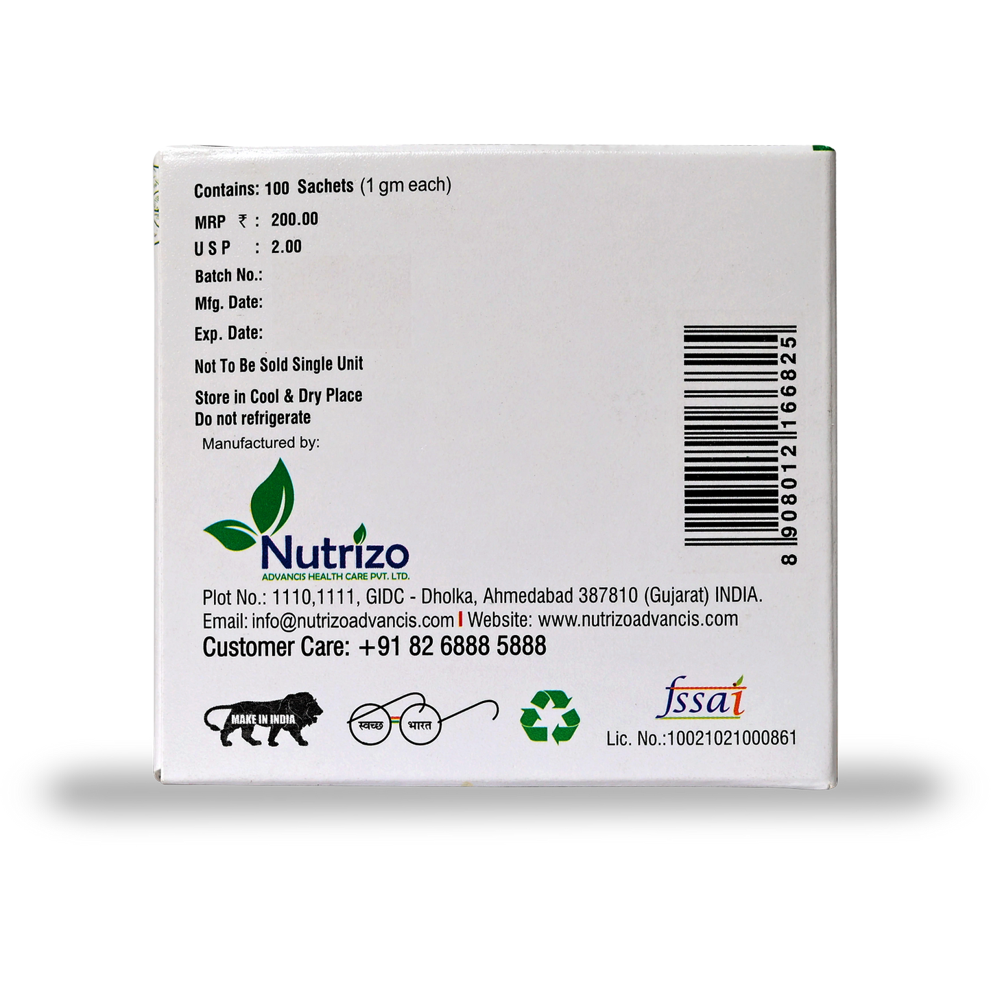 Back of a Nutrizo product packaging with text and branding on a white background