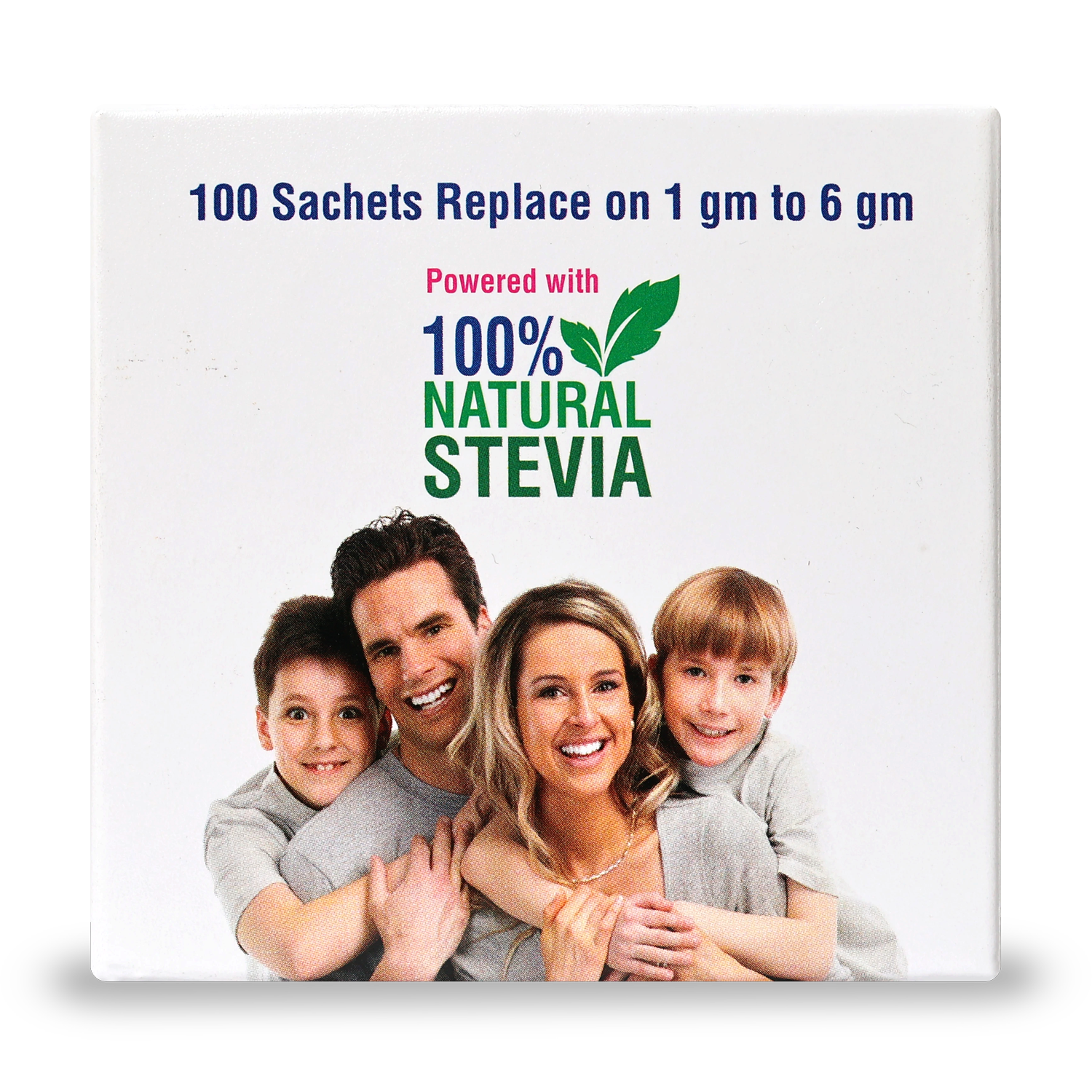 Product packaging with a family photo and text about stevia replacement.