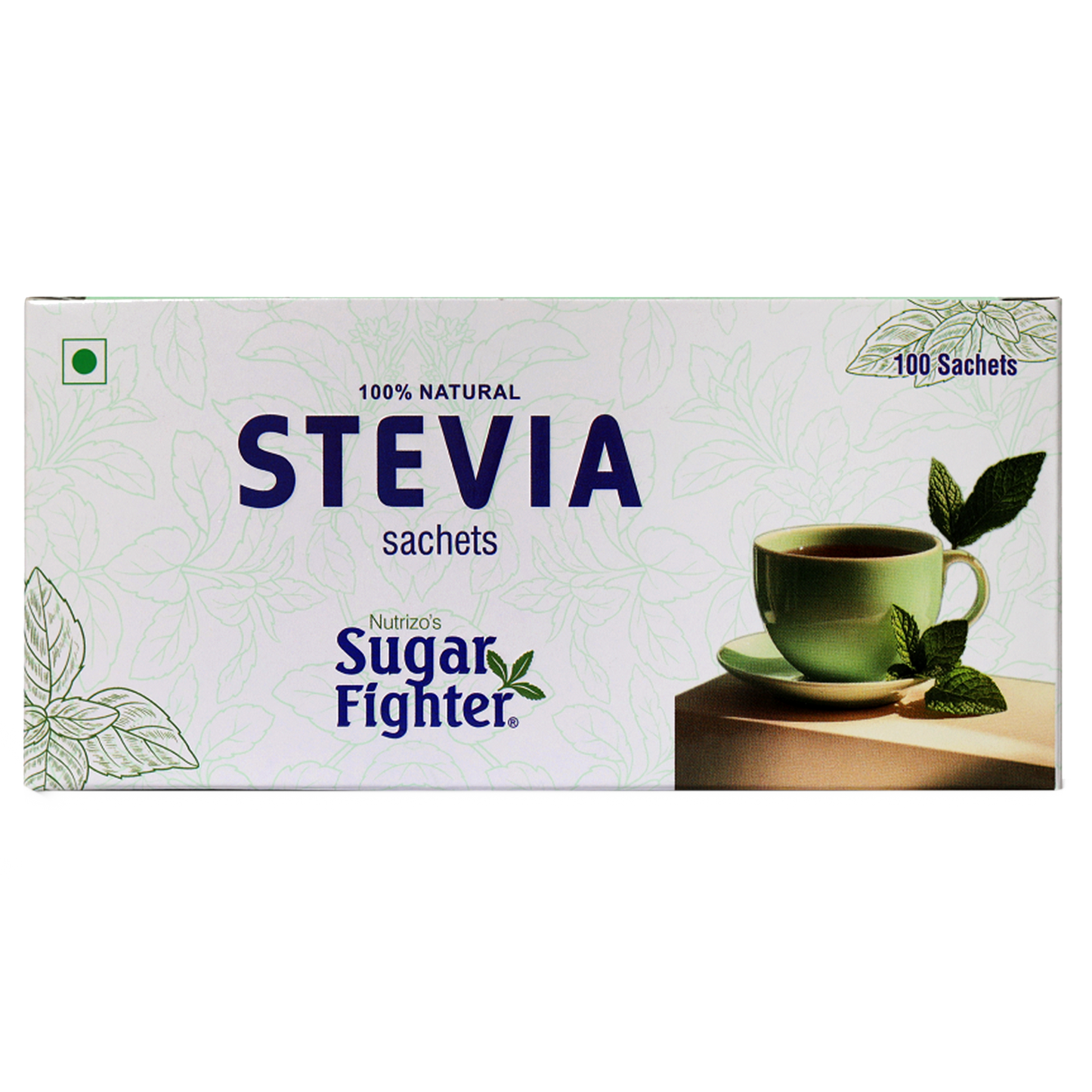 Box of Nutrizio Sugar Fighter Stevia sachets with a cup of tea on a white background