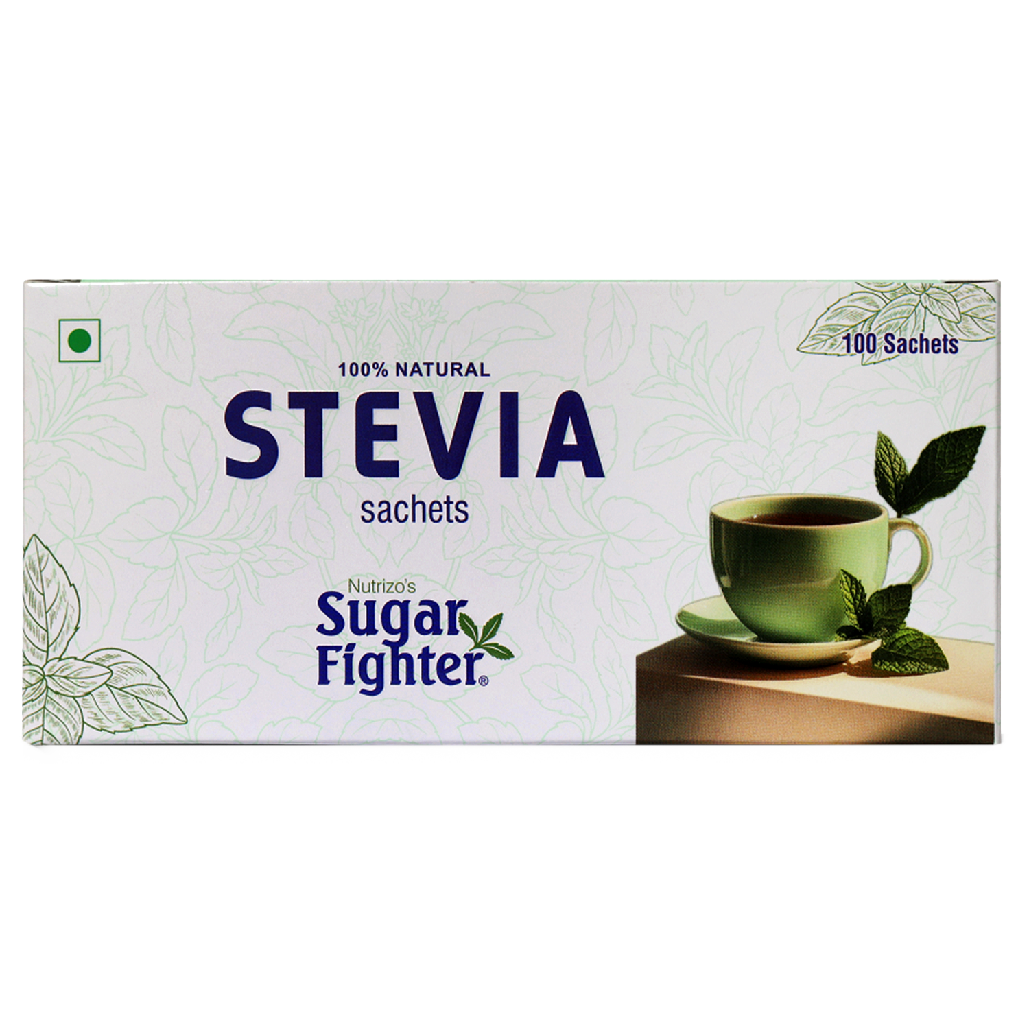 Box of Nutrizio Sugar Fighter Stevia sachets with a cup of tea on a white background