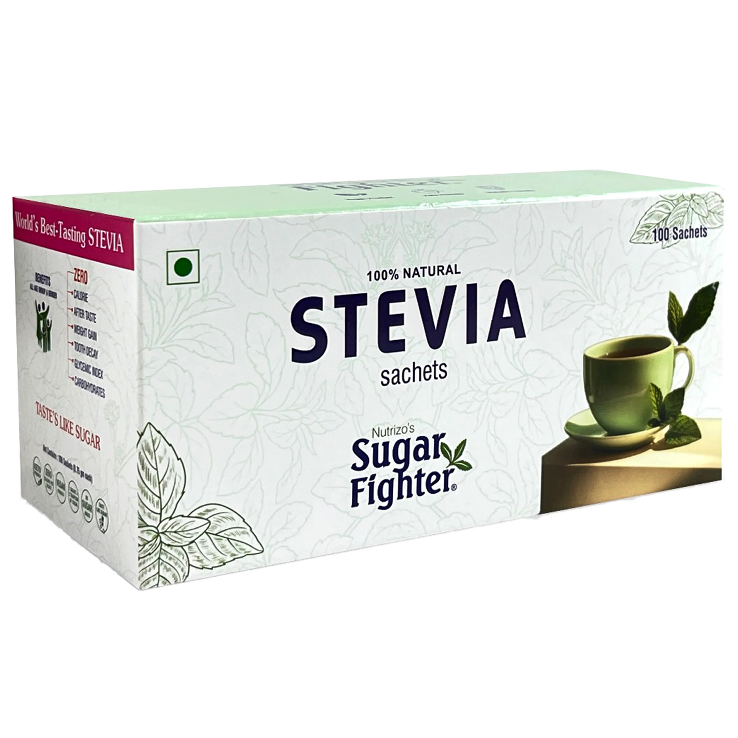 Box of Sugar Fighter Stevia sachets on a white background