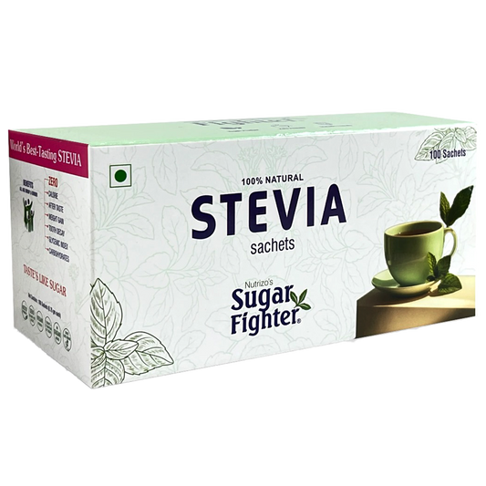 Box of Sugar Fighter Stevia sachets on a white background