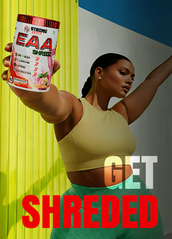 Person holding a supplement container labeled 'EAA Shred' with a colorful background