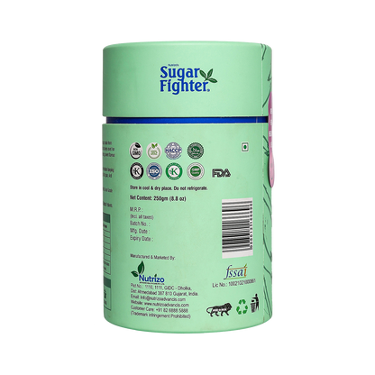 Green container of Sugar Fighter with branding and certification logos on a white background