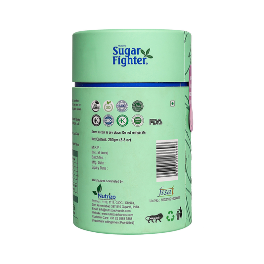 Green container of Sugar Fighter with branding and certification logos on a white background
