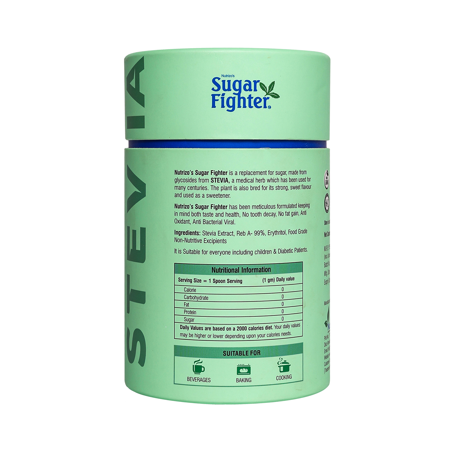 Container of Nutra's Sugar Fighter Stevia on a white background