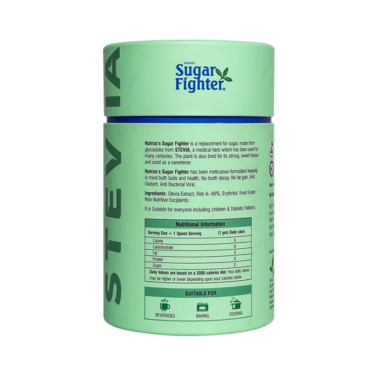 Container of Nutra's Sugar Fighter Stevia on a white background