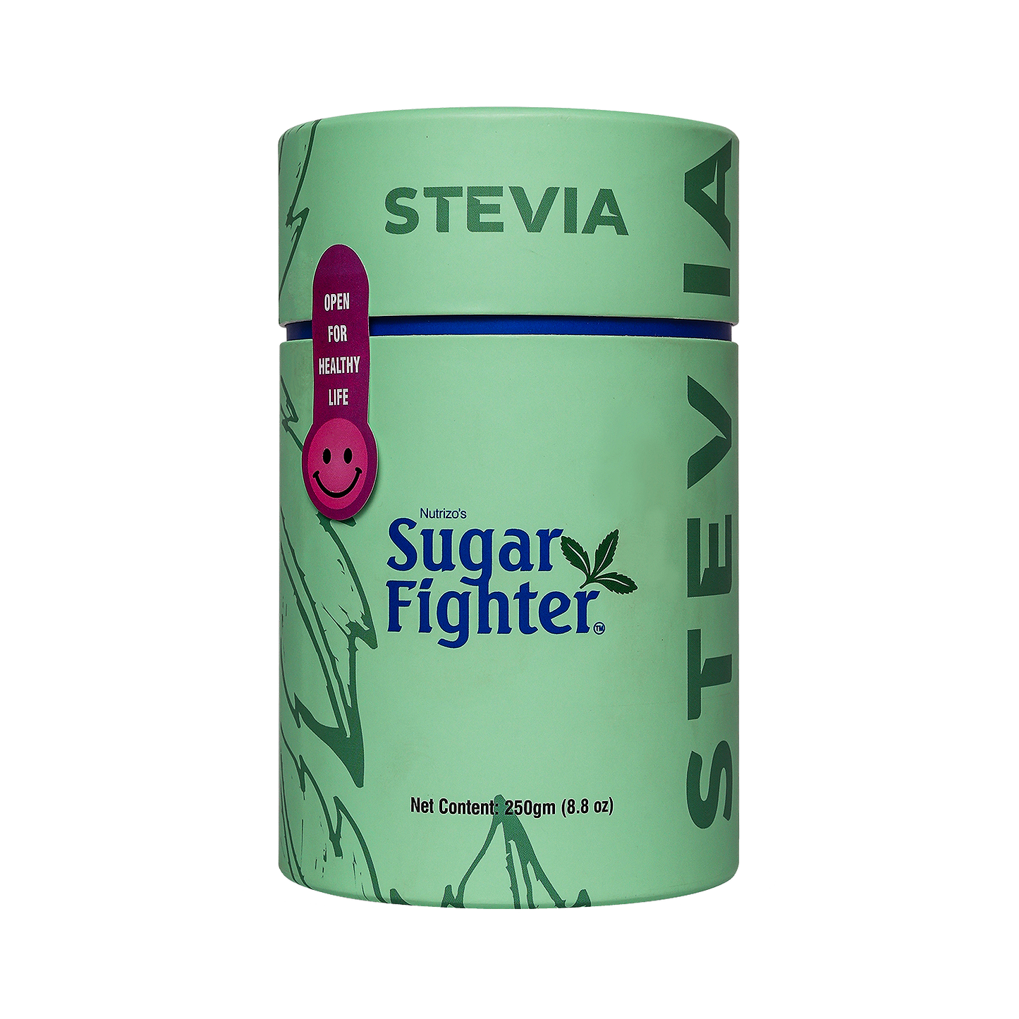 Green container of Sugar Fighter Stevia on a white background