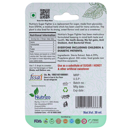 Back label of Nutrizo's Sugar Fighter packaging with nutritional information and branding details.