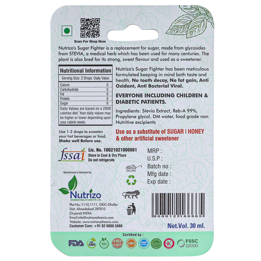 Back label of Nutrizo's Sugar Fighter packaging with nutritional information and branding details.