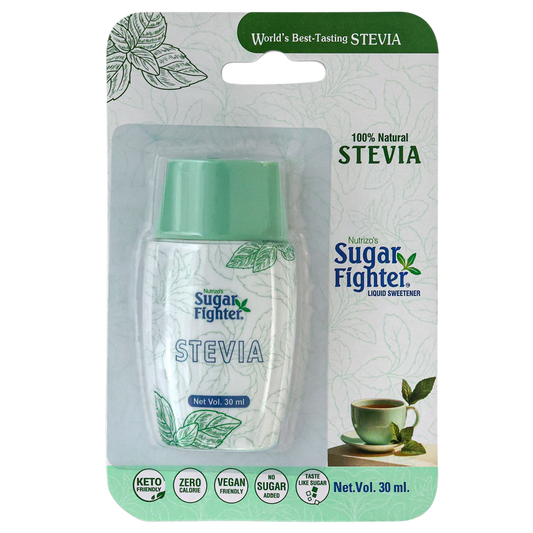 Sugar Fighter Stevia liquid sweetener packaging on a white background
