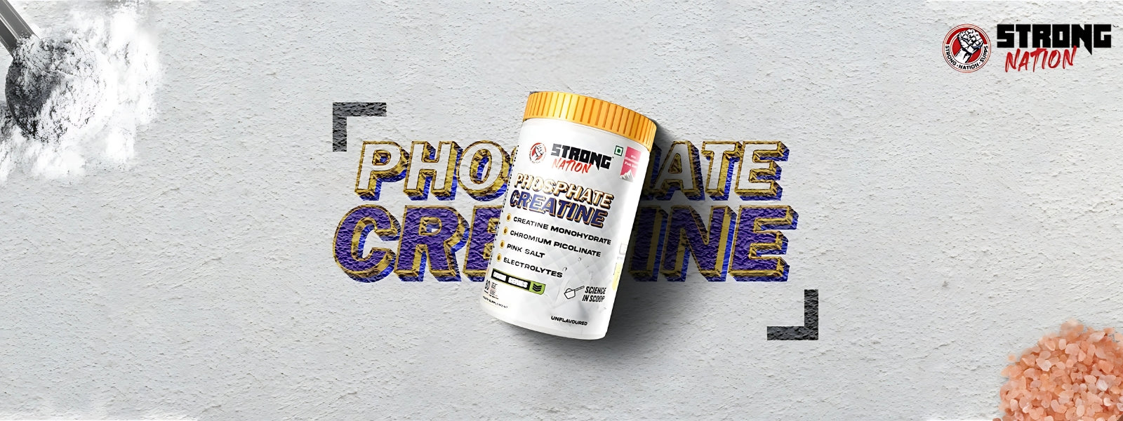 Supplement container labeled 'PHOSPHATE CREATINE' with 'STRONG NATION' branding on a textured gray background.