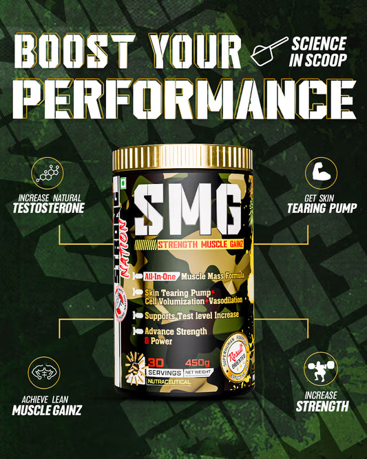 Supplement container with text highlighting performance benefits on a green background