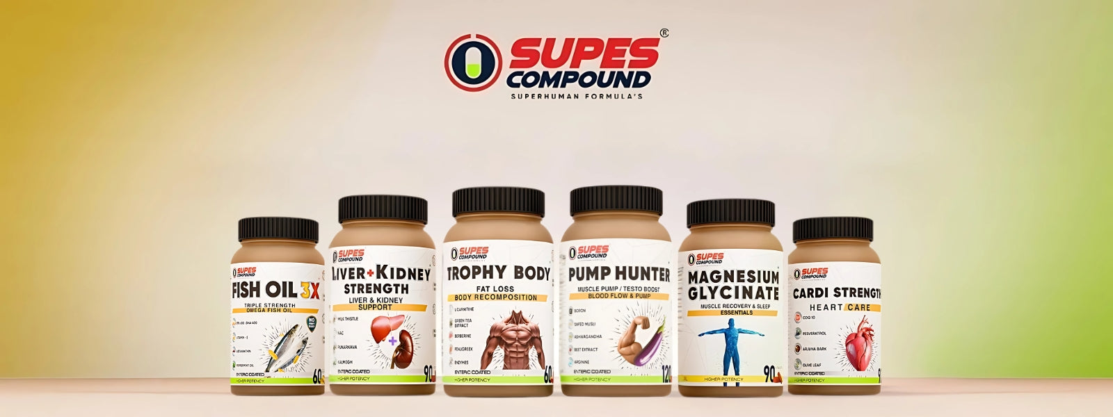 Supplement bottles with Supes Compound logo on a gradient background