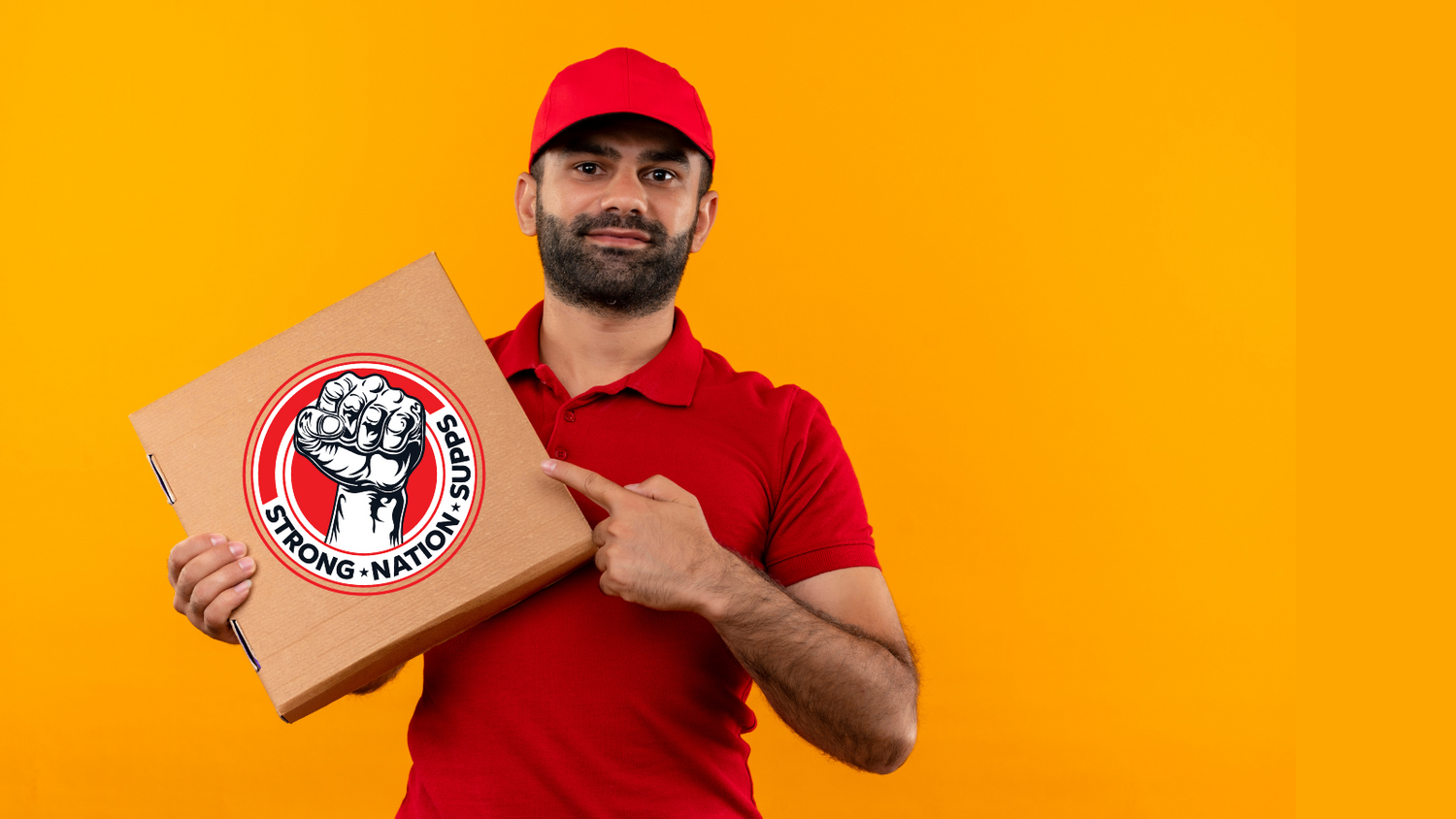 Man in red uniform holding a cardboard box with a strong nation logo