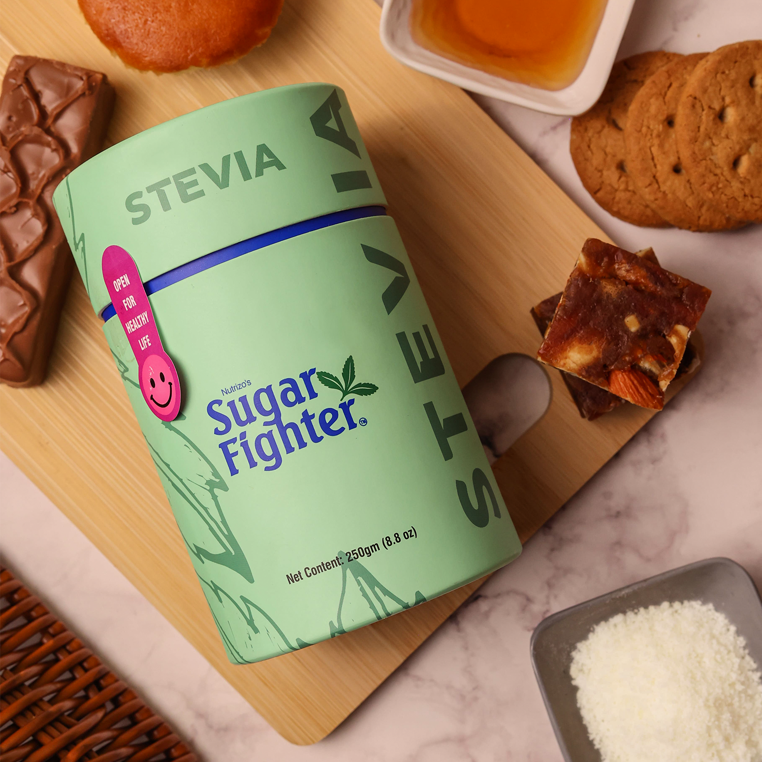 Sugar Fighter Stevia product on a wooden board with snacks