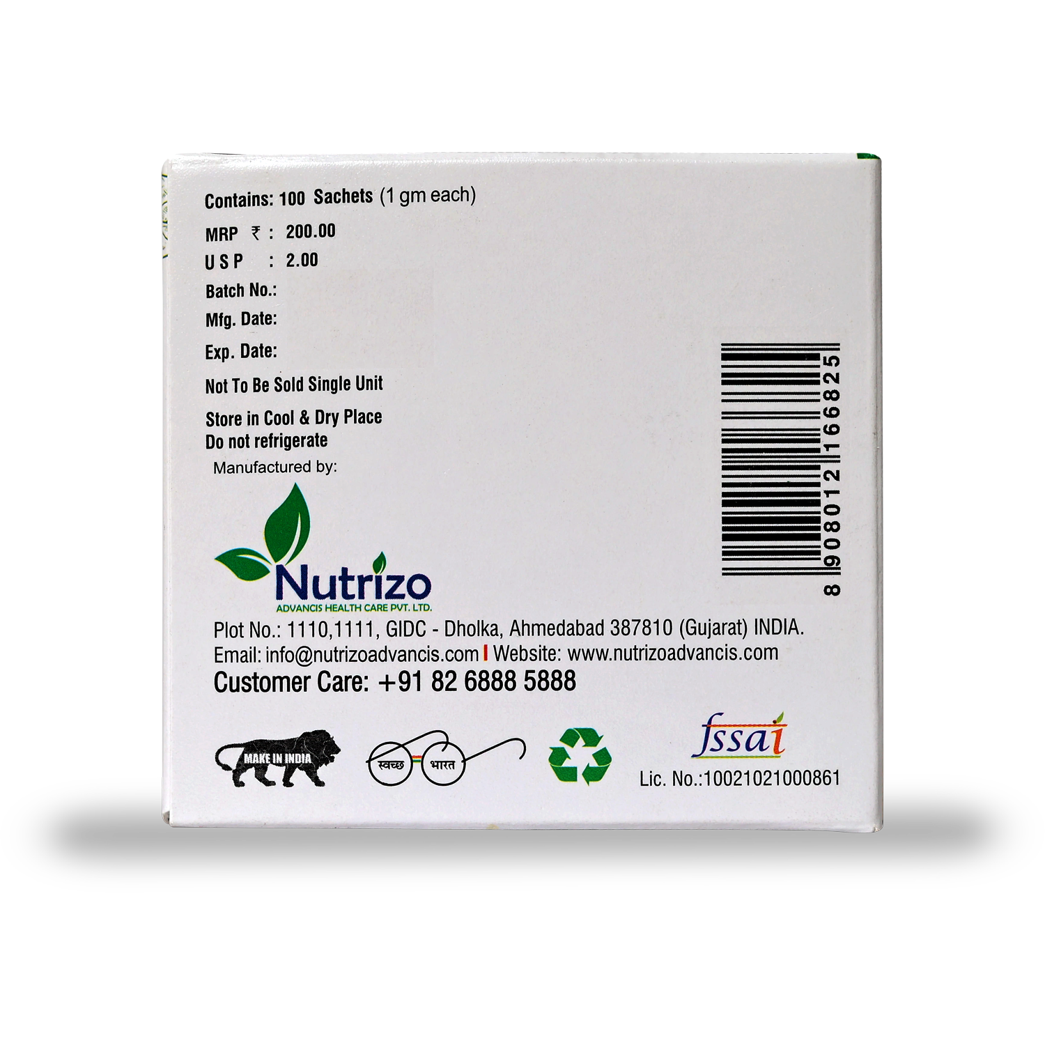 Back of a Nutrizo product packaging with text and branding on a white background
