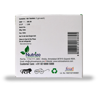 Back of a Nutrizo product packaging with text and branding on a white background
