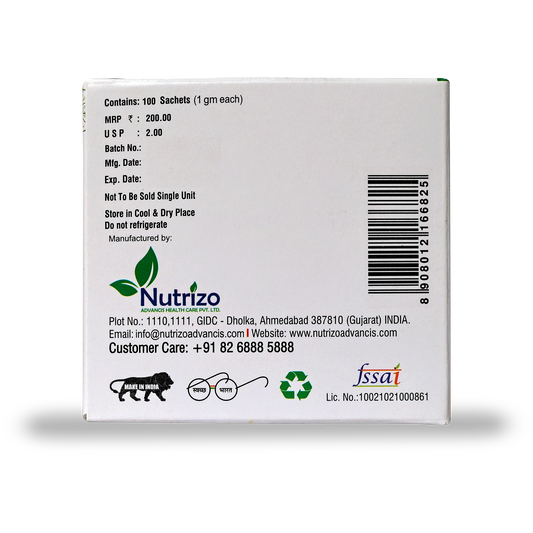 Back of a Nutrizo product packaging with text and branding on a white background