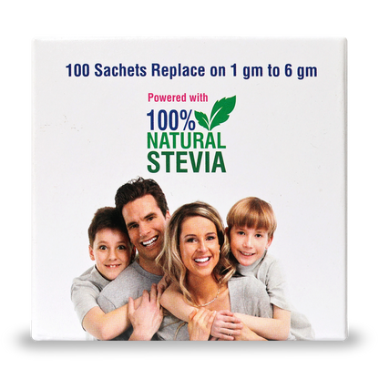 Product packaging with a family photo and text about stevia replacement.