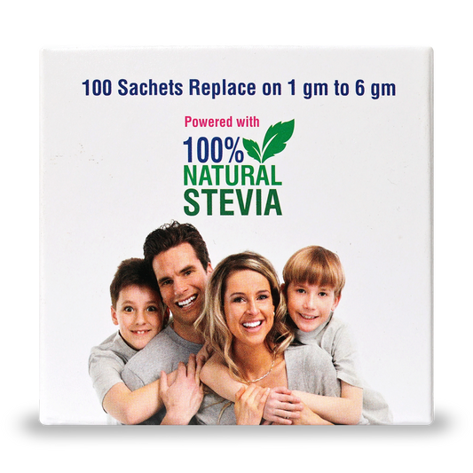 Product packaging with a family photo and text about stevia replacement.